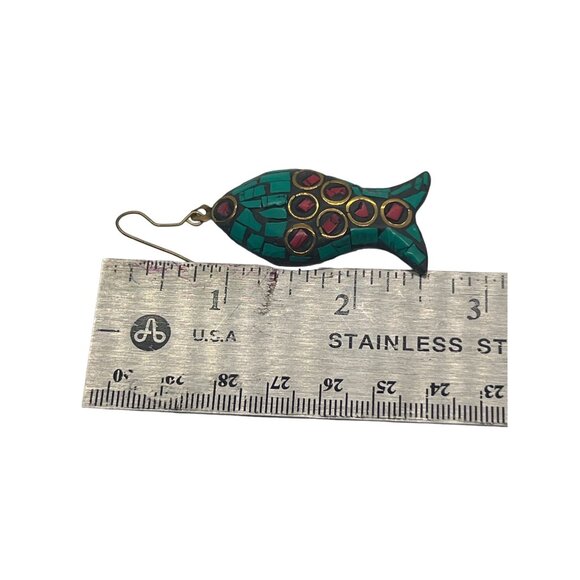 Red Turquoise Resin Bead Brass Necklace Fish Dangle Earrings Tribal Ethnic 20" - Picture 8 of 9
